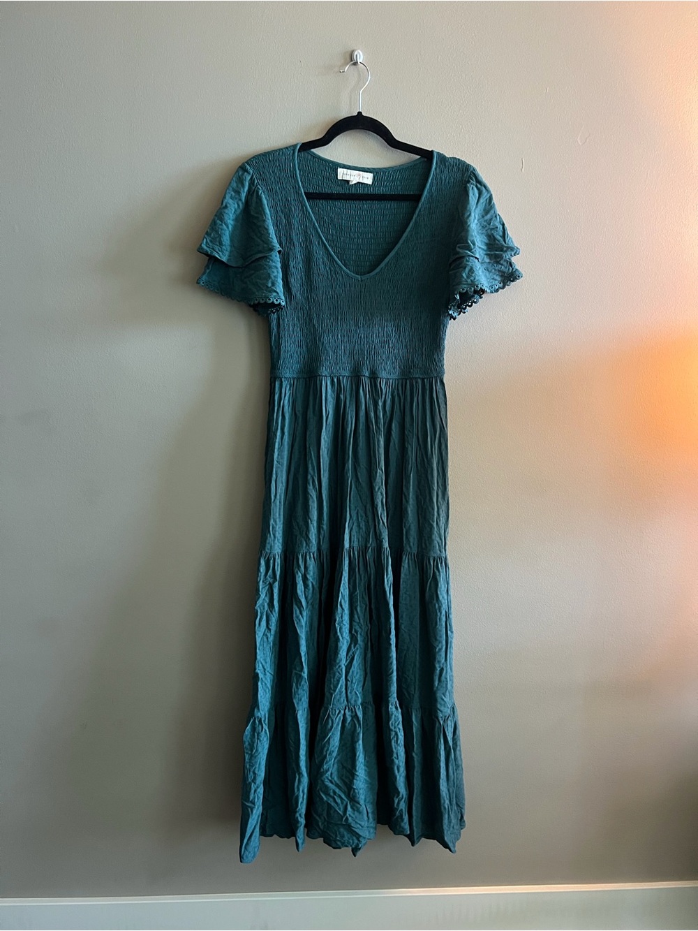 Smocked V-Neck Teal Maxi Dress with Flutter Sleeves